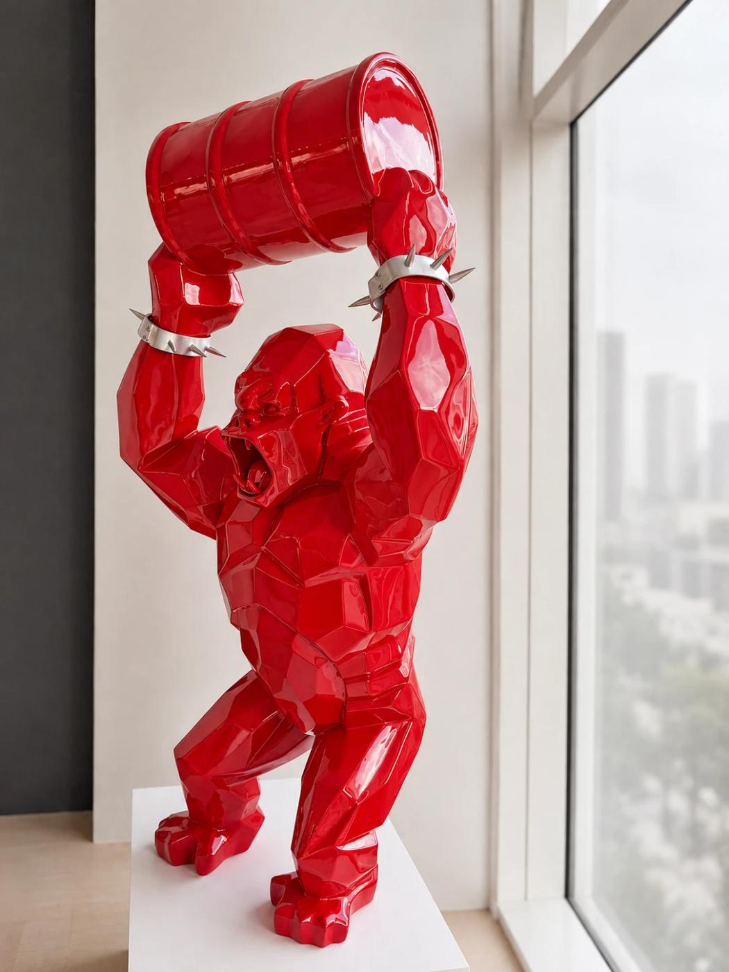 Richard Orlinski, Wild Kong Oil Red with oil barrel and cuffs, 2019, red resin sculpture, 130 cm
