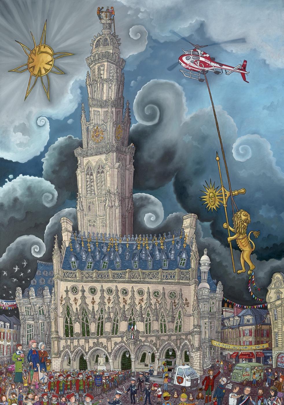 Alain Godon, La Danse du Lion, 2026: the belfry of Arras under a stormy sky, its golden lion hanging from a helicopter above a festive crowd